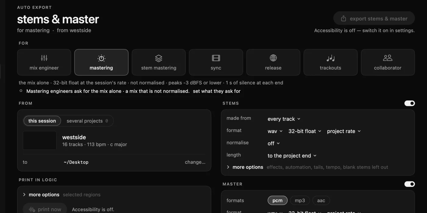 Auto export set up for a mastering engineer