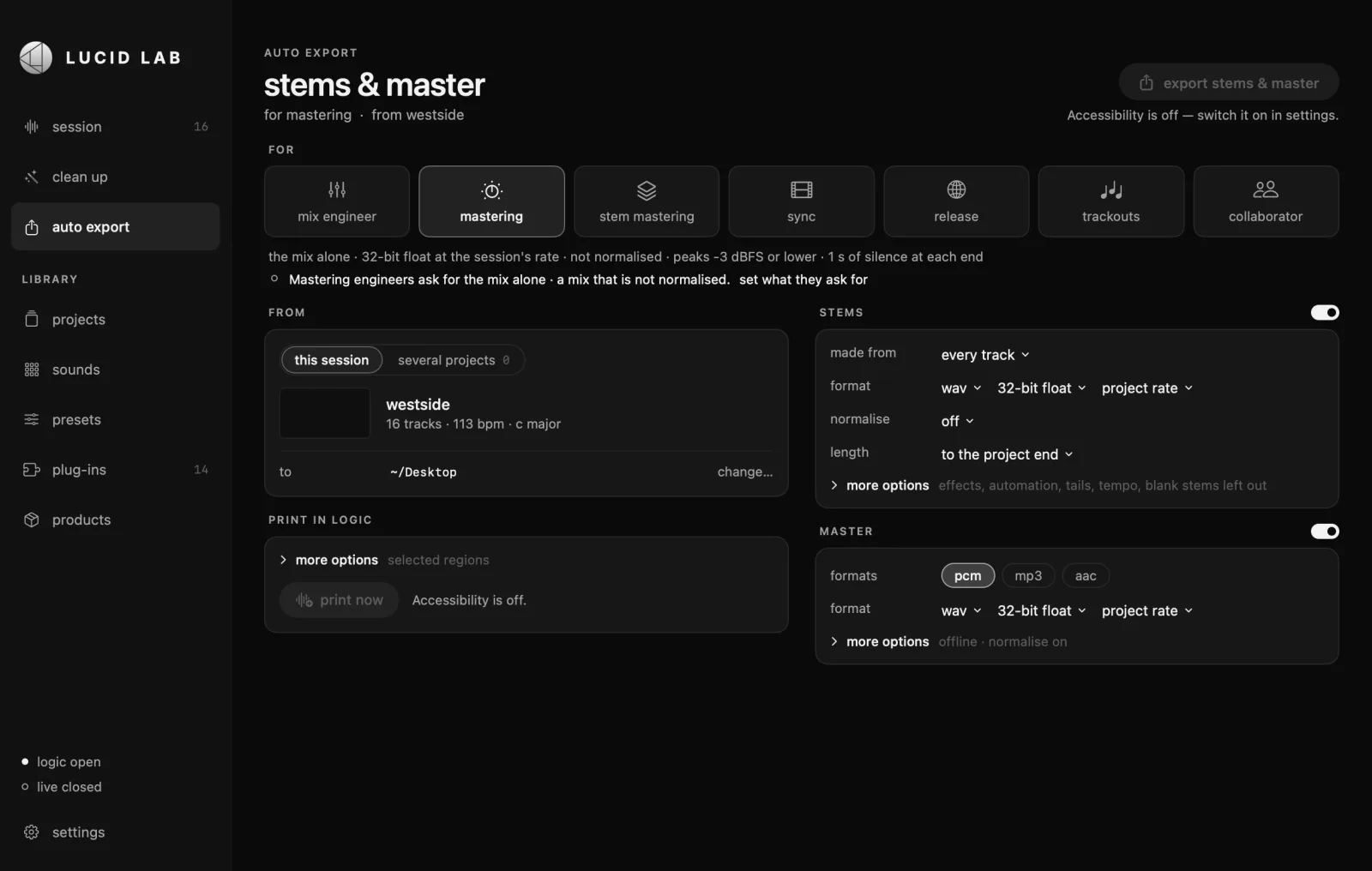 Lucid Lab's auto export page