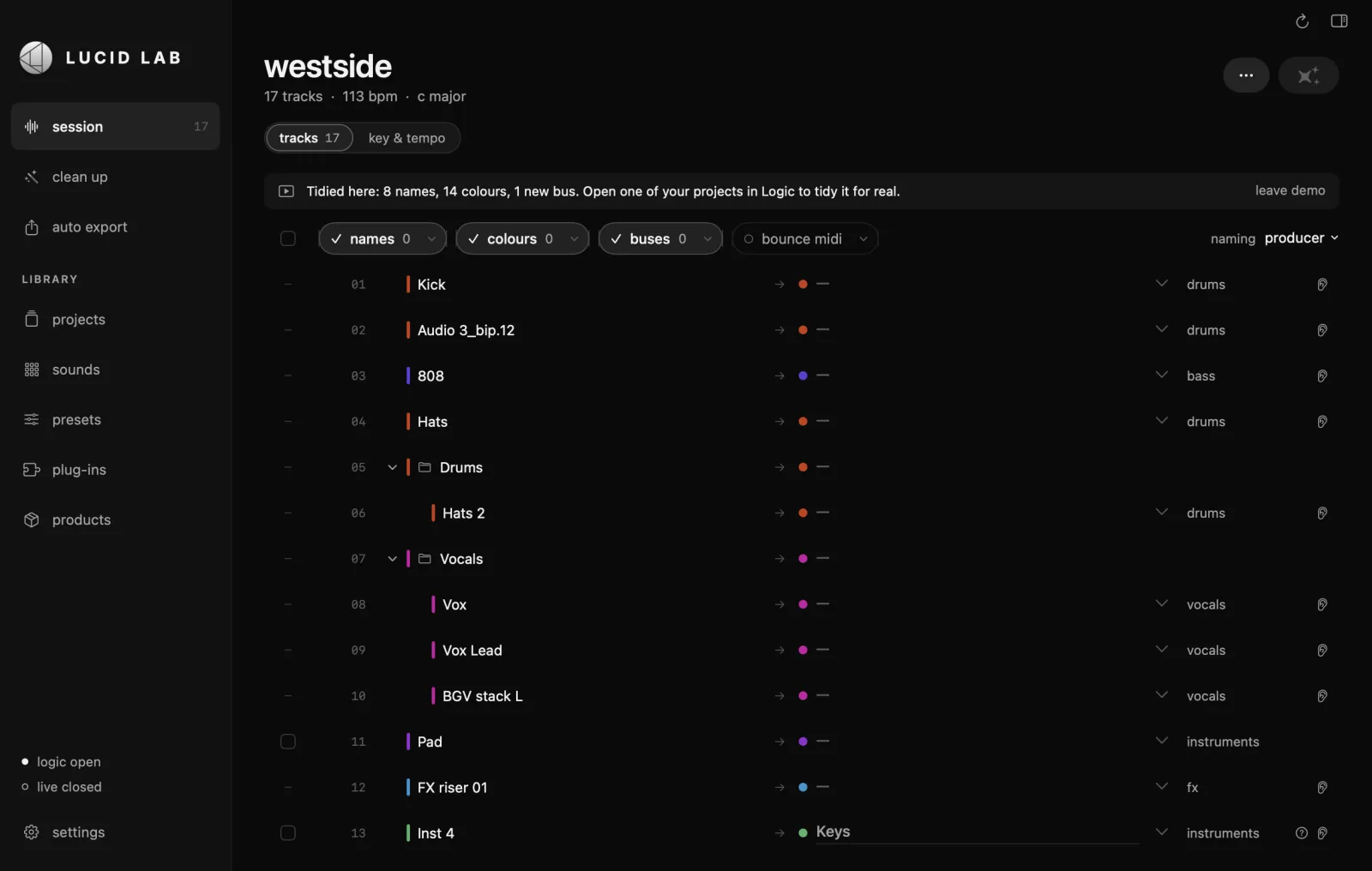 Lucid Lab: a Logic session with every track named, coloured and grouped