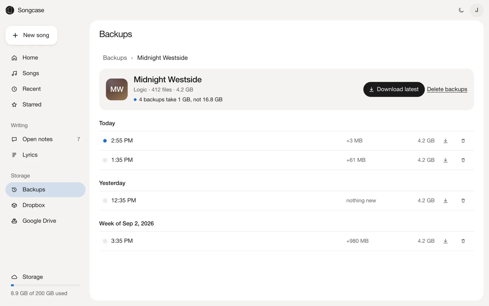 Backups of a Logic project in Songcase, grouped by day like Time Machine