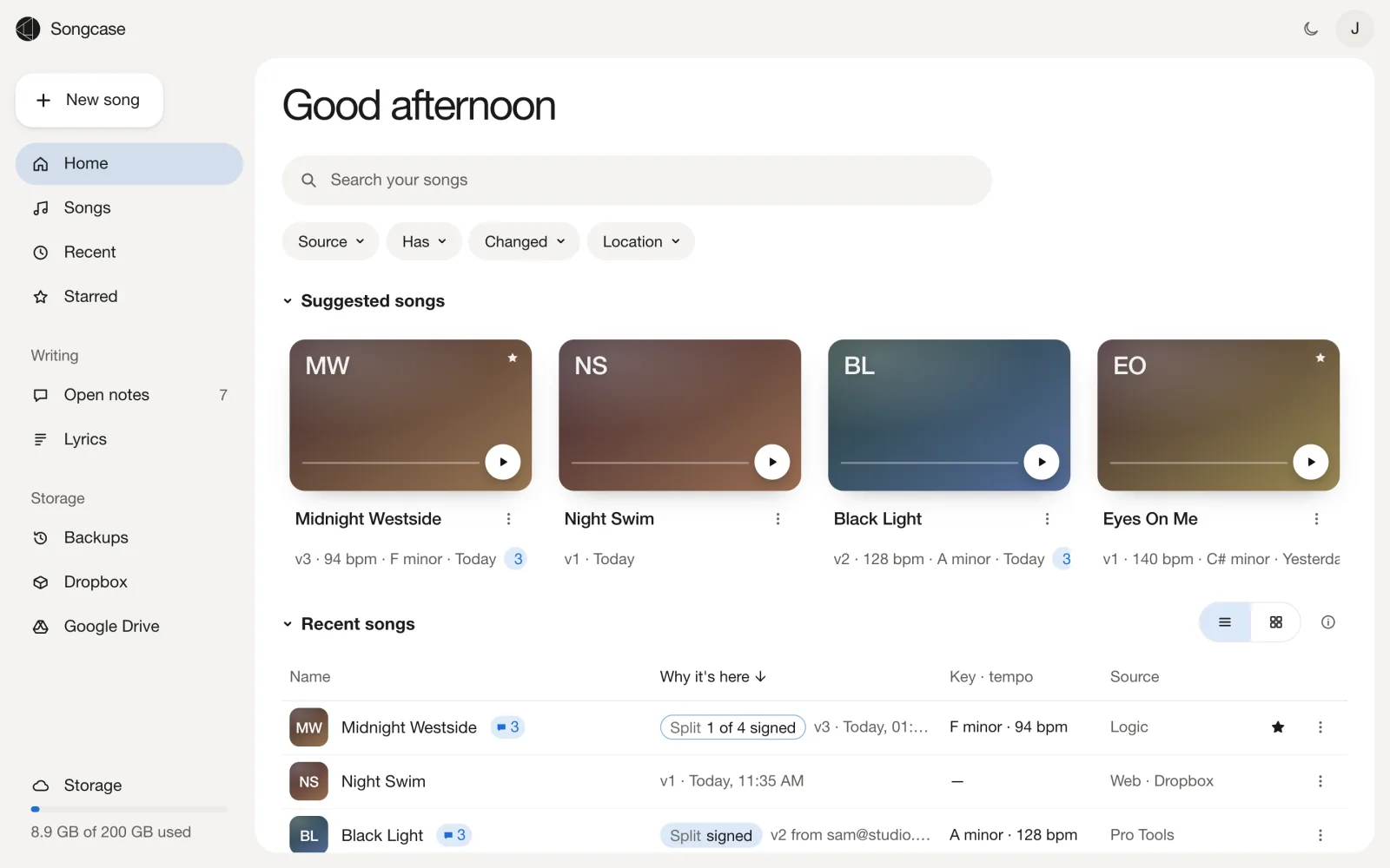 Songcase: recent songs, each with its versions, notes and lyrics