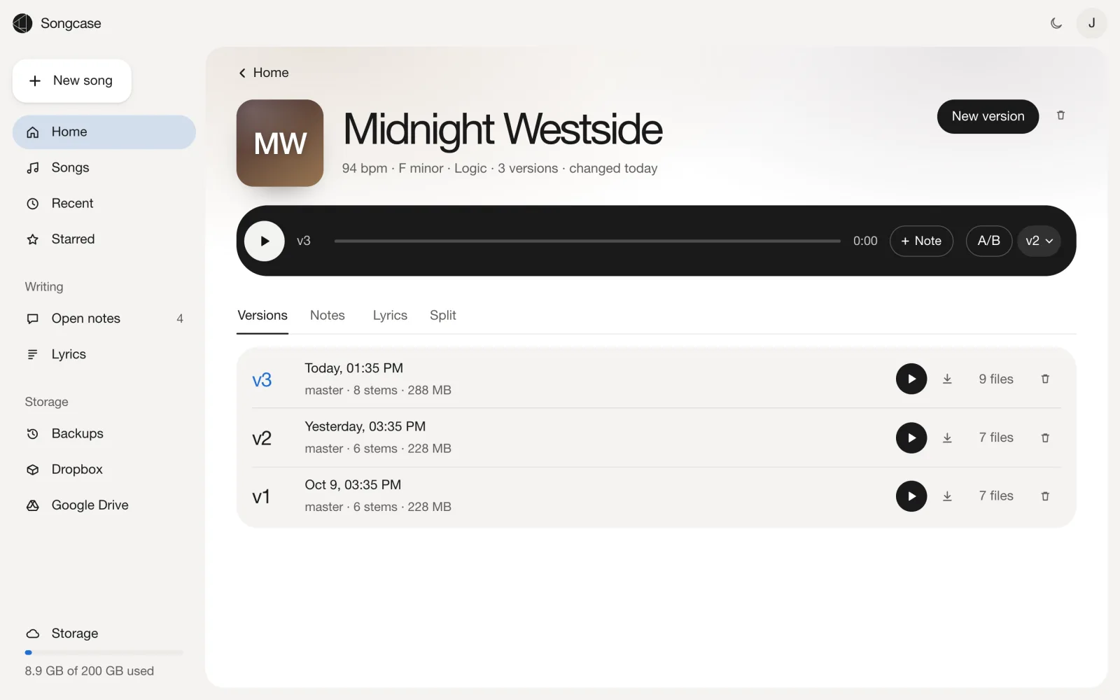 A song in Songcase: three versions with their stems, the player with A/B and notes