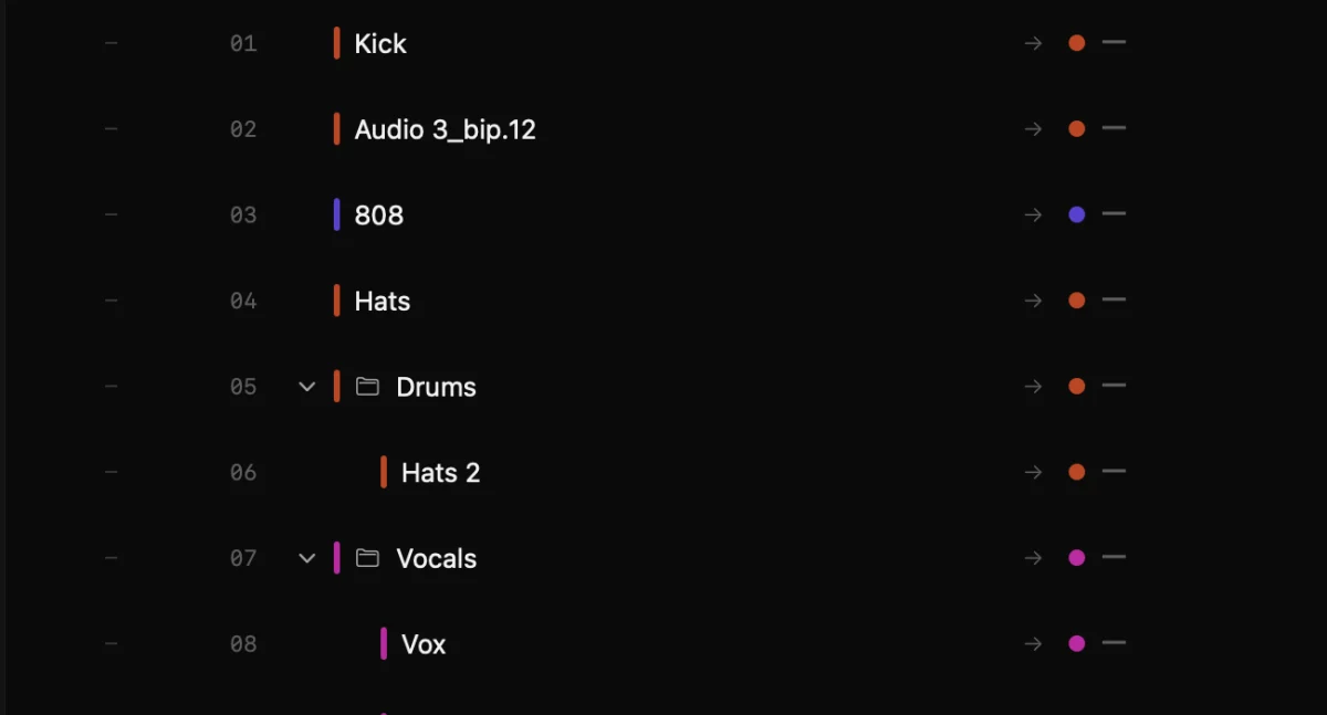 A session with every track named, coloured and grouped