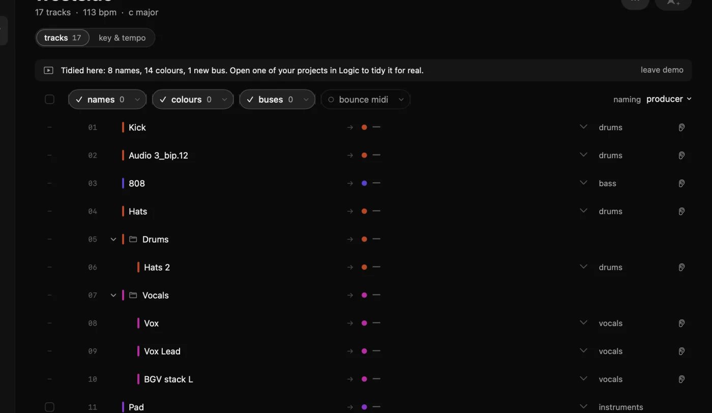 Every track named, coloured and grouped